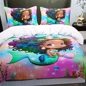 GIRLS MERMAID PRINT BEDROOM COMFORTER BEDROOM SET WITH FREE STAR PROJECTION LAMP